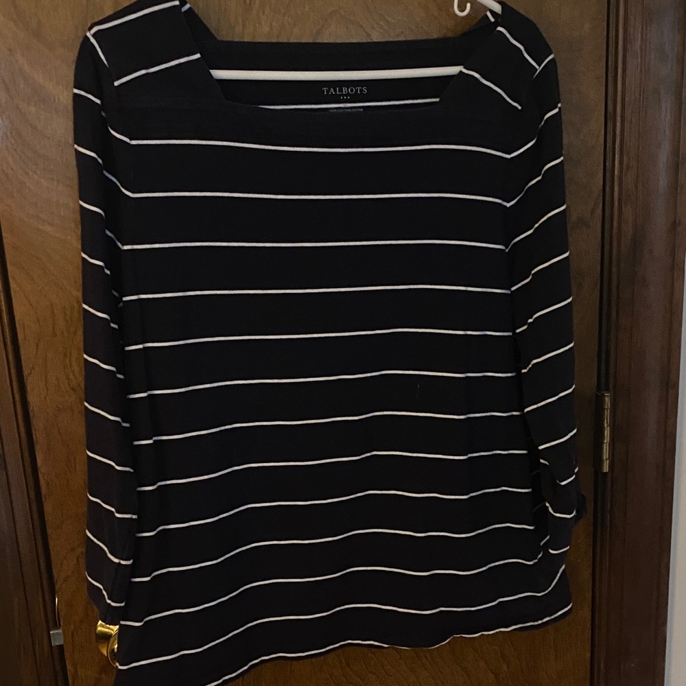 Talbots Navy and White Striped Long Sleeve Top XL